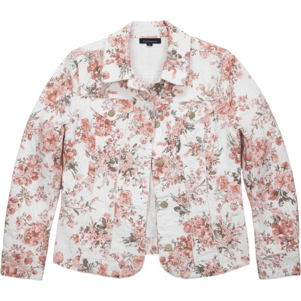 Charter Club Floral Jacket Womens Medium White Pink Denim Style 100051344